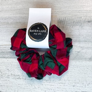 Red & Green Plaid Flannel Scrunchie | Big Scrunchies Fashion Hair Ties Medium Volume.
