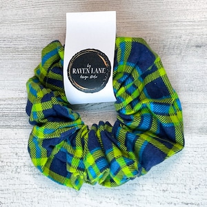 Blue & Green Plaid Flannel Scrunchie | Big Scrunchies Fashion Hair Ties Three Sizes, Small, Medium, Large