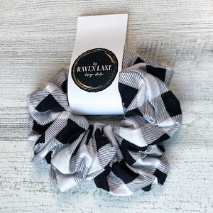 Black and White Buffalo Plaid Flannel Scrunchie | Big Scrunchies Fashion Hair Ties Two Sizes, Small, Large