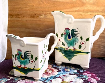 Vintage Pair of Mid- Century Ceramic ROOSTER Pitchers Possible Portuguese *Attention Rooster/Chicken Farmhouse Collectors* RARE Shape