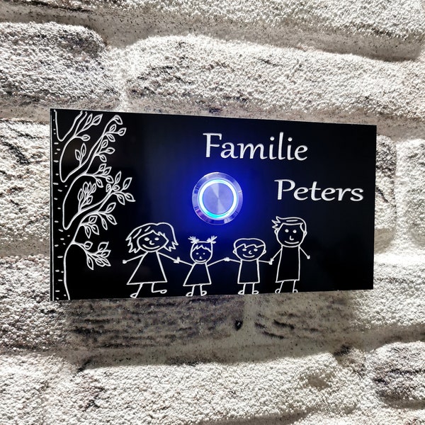 Klingelschild mit LED Beleuchtung in schwarz Personalisiert Namensschild Türschild Briefkastenschild Dekoschild Geschenkidee Eingangsbereich