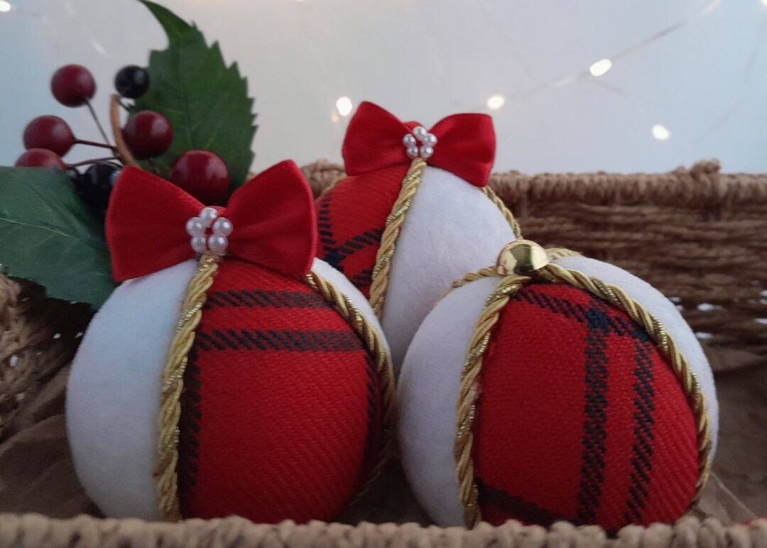 A Set of 3 Handmade Red Tartan/white Velvet Baubles Christmas Etsy UK