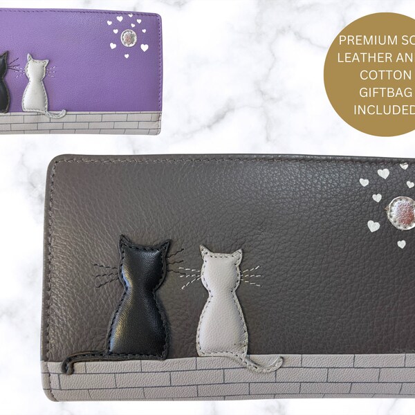 Ladies Leather Purse - Midnight Cats Bifold