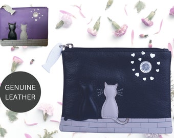 Porte-monnaie et porte-cartes en cuir souple gris et noir Midnight Cats