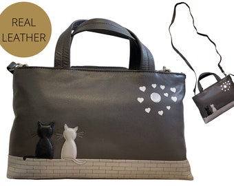 Premium Leather Ladies Cats Shoulder / Grab Bag Black / Grey Cat