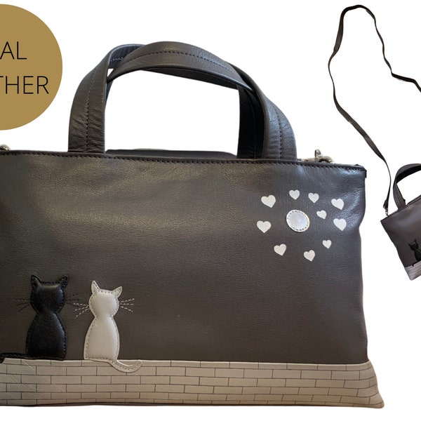 Sac à bandoulière/sac à main pour chats en cuir de qualité supérieure pour femmes, chat noir/gris