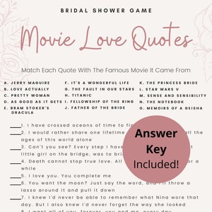 Movie Love Quotes Bridal Shower Game, Match the Movie Love Quote Game, Bridal Shower Game Downloads