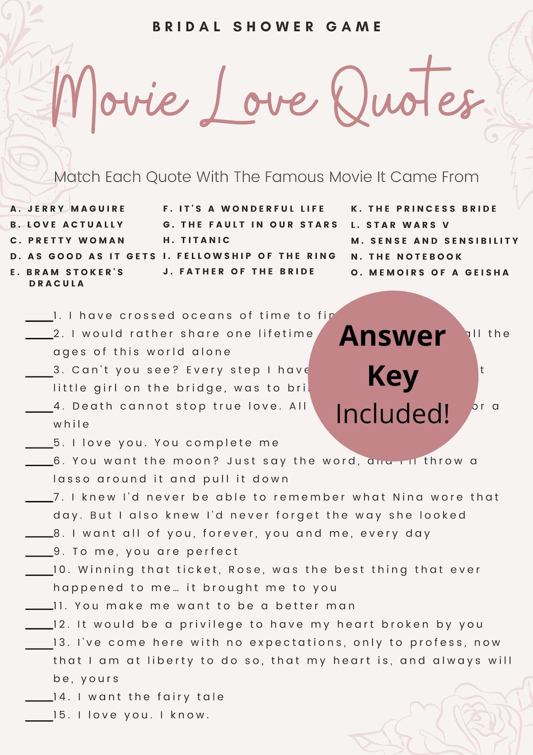 Movie Love Quotes Bridal Shower Game, Match the Movie Love Quote Game