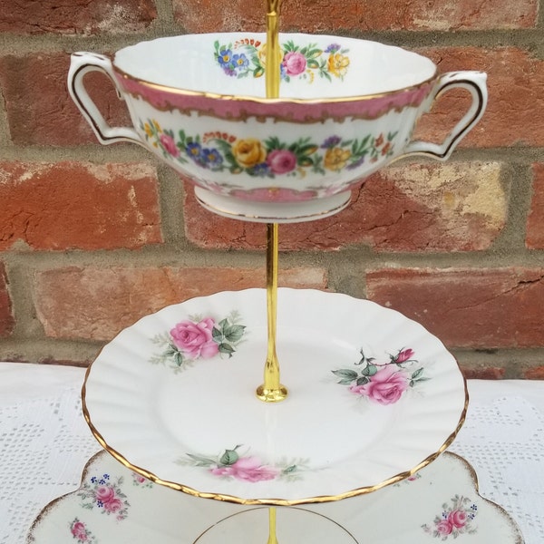 3 Tier Cake Stand Vintage English China - Mismatched Pink Roses, VGC- Unique Gift,  Ideal for Special Gift/ Afternoon Tea Party Celebration