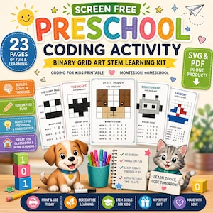 May include: A screen-free preschool coding activity kit featuring 23 pages of binary grid art. The set includes printable worksheets with pixel art designs like a puppy, robot, and sailboat, alongside a cartoon puppy and kitten illustration.