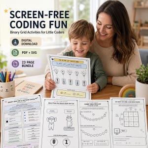 Op de afbeelding: Een digitaal pakket van 23 pagina's met schermvrije codeeractiviteiten voor kinderen. De educatieve set bevat PDF- en SVG-bestanden met binaire rasterkunst, patroonkaarten en werkbladen met de titel Screen-Free Coding Fun.