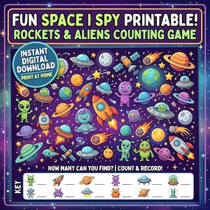 Juego imprimible "Veo, veo" espacial: cohetes y extraterrestres (actividad de conteo)