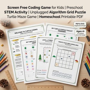 Può includere: Un gioco di programmazione senza schermo per bambini con pagine PDF stampabili che includono un labirinto di tartarughe, puzzle a griglia di algoritmi e guide educative. I documenti contengono istruzioni, gettoni ritagliabili e griglie.