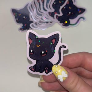 Cute Luna Black Cat Sticker – Chibi Kitty from Sailor Moon with Stars & Crescent – Holographic Vinyl Magical Girl Anime Aesthetic