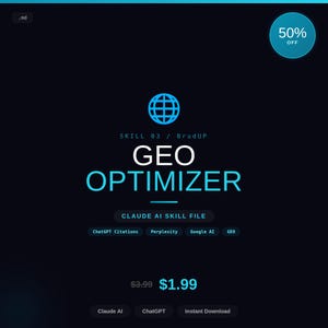 Puede incluir: Anuncio de producto digital sobre fondo azul oscuro. El texto "GEO OPTIMIZER" está en letras grandes de color azul claro. El texto adicional incluye "CLAUDE AI SKILL FILE" y botones para "ChatGPT Citations", "Perplexity" y "Google AI". Una insignia de 50% de descuento está en la parte superior derecha.