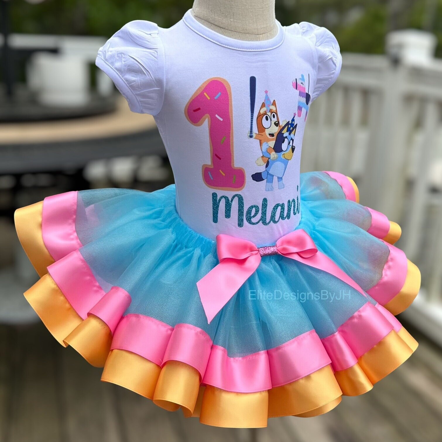 Blue Dog Outfit with Piñata Design