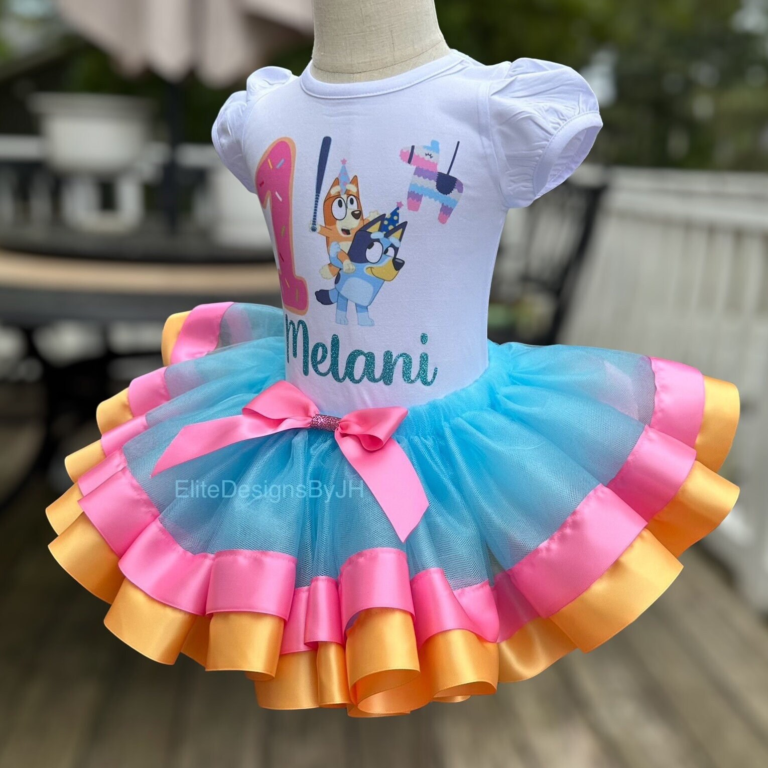 Blue Dog Outfit with Piñata Design