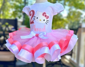 Customizable Kitty Birthday Outfit, Kitty Birthday Outfit, Personalized Hello Birthday Shirt, Embroidered Tutu Outfit