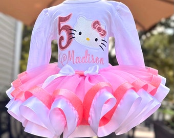 Customizable Kitty Birthday Outfit, Kitty Birthday Outfit, Personalized Hello Birthday Shirt, Embroidered Tutu Outfit
