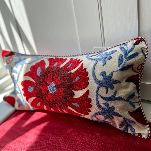 CUSHION COVER-stunning hand embroidered Suzani cushion cover, backed with a hand block printed stripe.
