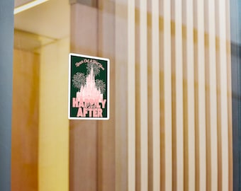 Pegatina de fuegos artificiales "Felices para siempre", diseño de castillo rosa y verde, regalo para fans de parques temáticos.