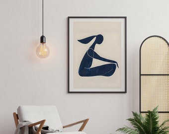 Stampa artistica di donna astratta blu, arte moderna beige (download digitale)