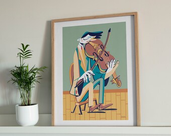 Stampa artistica con illustrazione di violoncellista, arredamento moderno per la casa (download digitale)