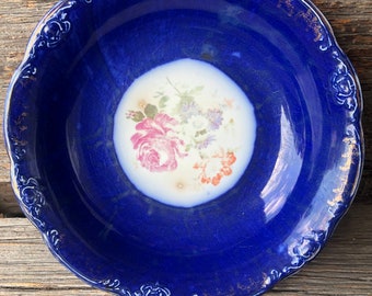 Vintage Flow Blue Antique Bowl serving dish Pottery Blue with rose Flowers Trent Royal porcelain Wood & Son England Shabby Chic roses -As Is