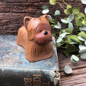 Cute Vintage Dog Figurine ceramic Maltese or Silky Terrier Long haired dog Vtg clay Terracotta