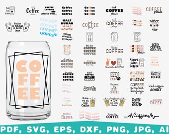 May include: A digital download of 25 coffee-themed SVG cut files. The designs feature various coffee-related phrases and illustrations, including "But first coffee", "Coffee is my love language", and "Iced coffee addict".