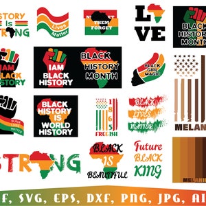 Puede incluir: Una colección de diseños gráficos con temas de historia y cultura negra. Los diseños incluyen textos como "Black History Month" y "Black Lives Matter", junto con imágenes de África y puños en alto. La paleta de colores incluye rojo, verde, amarillo y negro.