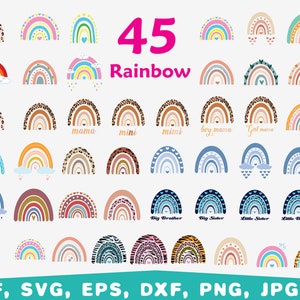 Könnte beinhalten: Ein Set mit 45 Regenbogen-Designs in verschiedenen Farben und Mustern, darunter Herzen, Sterne, Wolken und Tiermuster. Die Designs sind perfekt für Bastelprojekte, Scrapbooking und digitales Design.