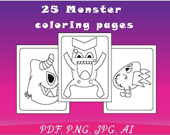 25 Monsters coloring pages, Cute, Funny, Great for Birthday gift, Kids party Activities
