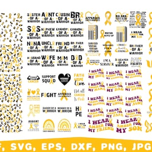 Puede incluir: Un diseño digital con lazos amarillos de concienciación y texto de apoyo a la concienciación sobre el cáncer. El diseño incluye frases como "Llevo ámbar por..." y "Concienciación sobre el cáncer de apéndice."