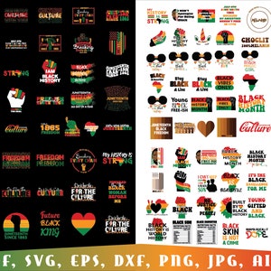 May include: A collection of graphic designs with themes related to Juneteenth and Black history. The designs feature text, fists, maps of Africa, and the colors red, yellow, green, and black. Formats include PDF, SVG, EPS, DXF, PNG, JPG, and AI.