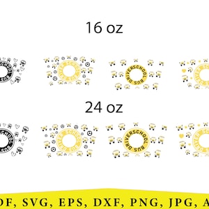 May include: Two sets of printable designs for 16 oz and 24 oz tumblers featuring a yellow school bus driver design with the text "Bus Driver School" in a circle. The design includes small yellow school buses, hearts, and peace signs.