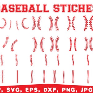 May include: A set of red baseball stitch designs in various sizes and shapes. The designs include full stitches, half stitches, and single stitches. The text "BASEBALL STICHES" is at the top of the image.