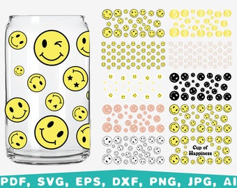 Smile Face Glass Wrap SVG, 16oz blikje glas (digitale bestanden)