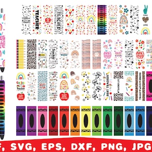 May include: A set of digital clipart designs featuring colorful pens and crayons with various teacher-themed patterns. The designs include phrases like "Teacher Life", "Best Teacher Ever", and "Teach Love Inspire".
