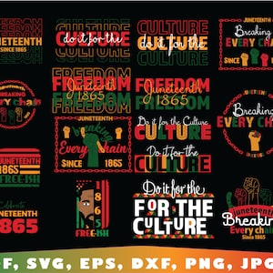 Op de afbeelding: Een verzameling digitale ontwerpen met de woorden "Juneteenth", "Freedom", "Culture" en "Breaking Every Chain". De ontwerpen zijn in de kleuren rood, groen, zwart en geel en bevatten illustraties van opgeheven vuisten en kettingen.
