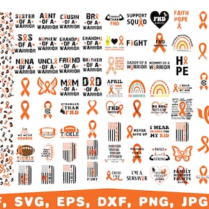 Puede incluir: Una descarga digital de 30 diseños de cinta naranja con varias frases y gráficos relacionados con el apoyo a las personas afectadas por la neurofibromatosis. Los diseños incluyen frases como "Hermana de un guerrero", "Uso naranja por mi hijo" y "Más fuerte que la NF".