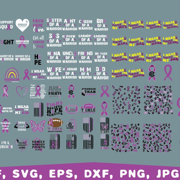 Bundle Svg de sensibilisation au lymphome hodgkinien, lymphome hodgkinien ruban svg png, ruban violet SVG, fichiers coupés lymphome hodgkinien, Peace Love Cure Svg