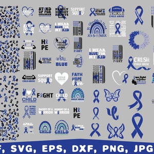 Könnte beinhalten: Ein digitaler Download von 30 Designs mit blauen Bändern und verschiedenen Textphrasen zum Thema Kindesmissbrauch. Die Designs beinhalten eine Vielzahl von Band-Stilen, Schmetterlingen, Herzen und amerikanischen Flaggen. Der Text enthält Sätze wie "Steht für Kinder ein", "Support Squad", "Ich trage Blau für mein Kind", "Kindesmissbrauch zerschlagen" und "Sehen Sagen Aufstehen".