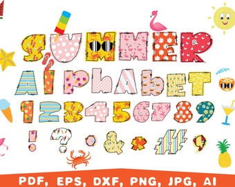 May include: A colorful alphabet and numbers with a summer theme. The letters and numbers are made of different patterned fabrics, including stripes, polka dots, and floral prints. The letters spell out "SUMMER ALPHABET".