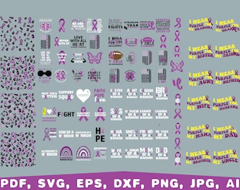 May include: A digital design collection featuring purple awareness ribbons and related text, including phrases like "I wear purple for my grandma" and "Alzheimer's Awareness." The design also includes leopard print patterns and file format labels.