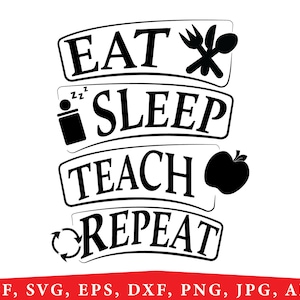 Puede incluir: Diseño gráfico en blanco y negro con el texto "Comer, Dormir, Enseñar, Repetir". El gráfico incluye una persona durmiendo, un tenedor y un cuchillo, y una manzana.