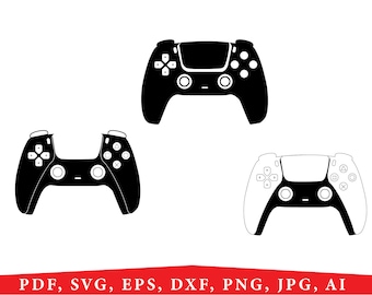 以下が含まれることがあります： ビデオゲームコントローラーの白黒イラストが3つあります。 上のコントローラーは、黒一色のシルエットです。 中のコントローラーは、黒一色のシルエットです。 下のコントローラーは、白いアウトラインです。