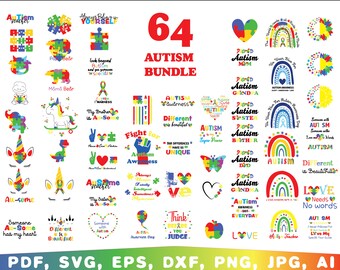 Puede incluir: Una descarga digital de 64 diseños de concienciación sobre el autismo. Los diseños presentan una variedad de colores, incluidos el azul, el verde, el amarillo, el rojo y el morado. Los diseños incluyen texto, corazones, arcoíris y piezas de rompecabezas. El texto incluye frases como "Concienciación sobre el autismo", "Diferente es hermoso" y "El amor no necesita palabras".