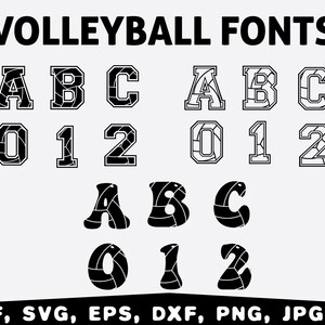 May include: Black and white volleyball font designs for letters A, B, C, 0, 1, and 2. The fonts are in three styles: a block style, a more rounded style, and a style with a volleyball pattern.