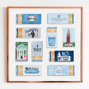 May include: A collection of nine matchbox-style illustrations featuring various businesses and landmarks in a blue and white color scheme. The illustrations include a bar and grill, a burger shack, a restaurant, a hotel, a college building, a gazebo, and a basketball jersey.